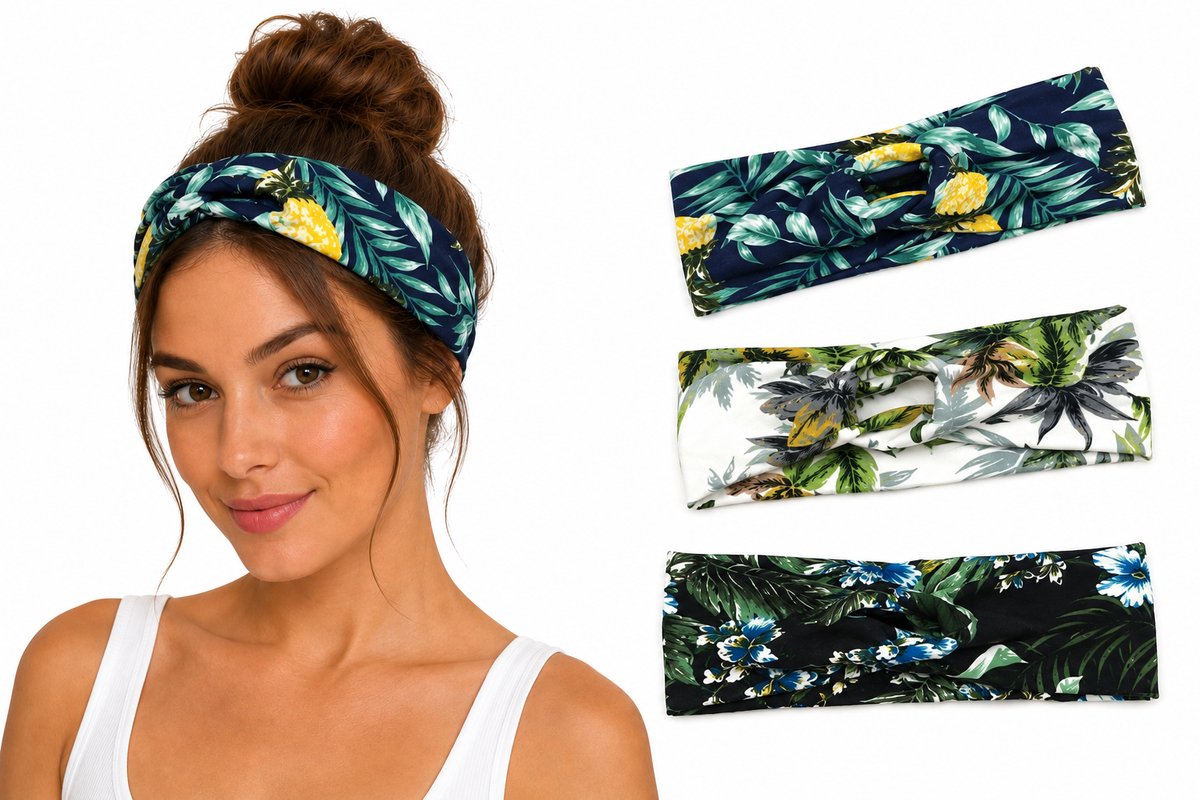 Dames Haarbanden Set van 3 – Tropische & Gebloemde Boho Haarbanden met Twist Knoop – Rekbare Hoofdbanden voor Vrouwen & Tieners