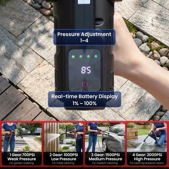 Hcalory Draadloze Hogedrukreiniger 140 Bar - Borstelloze 230W Motor - 2x 4,0Ah Accu met LCD Display - 7-in-1 Spuitmond & Kraanaansluiting - Ideaal voor Auto, Terras & Gevel van hcalory — afbeelding 5