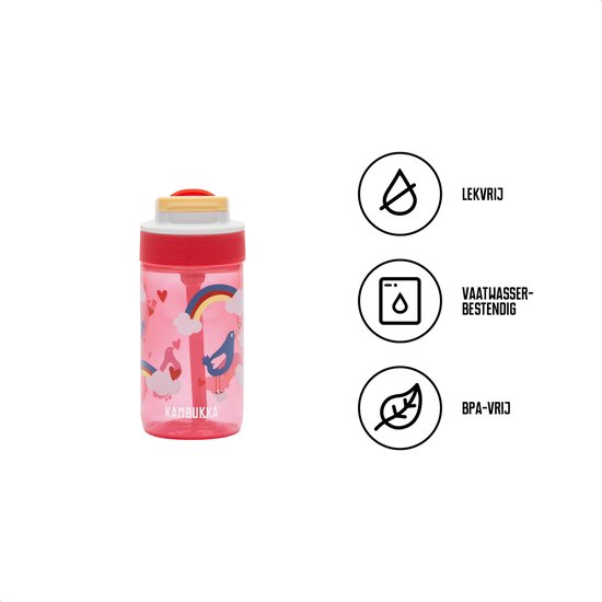 Transparante rode drinkfles met tekeningen van vogels, hartjes en een regenboog. Icons geven aan: lekvrij, vaatwasserbestendig, BPA-vrij.