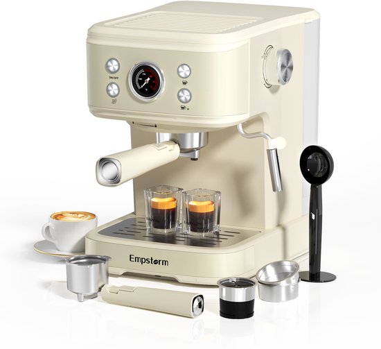 Empstorm Semi‑automatische espressomachine - 20Bar Druk - PID Temperatuurregeling Geschikt voor gemalen koffie & capsules - 1,5L Watertank -wit