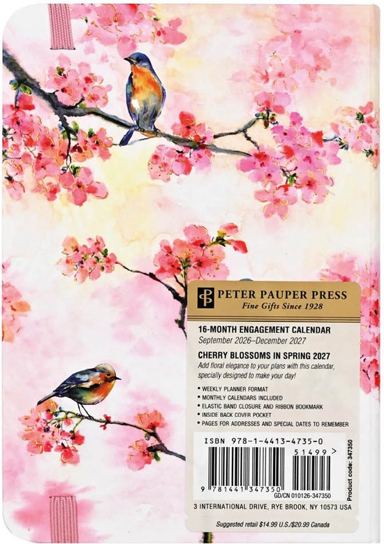 Achterkant van de agenda 2027 met kersenbloesems en vogels, met productinformatie.