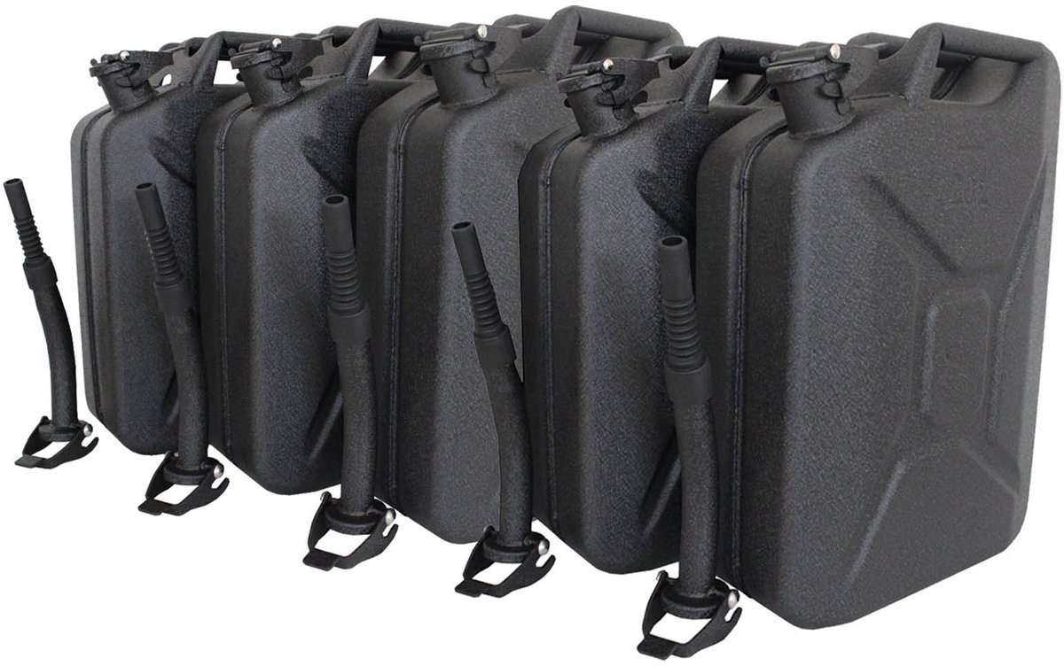 TRUTZHOLM - Metalen Jerrycan Set van 5 - 20 Liter - Zwart Hammerschlag - Incl. Schenktuit & Houder - Benzine - Diesel - Brandstofkan