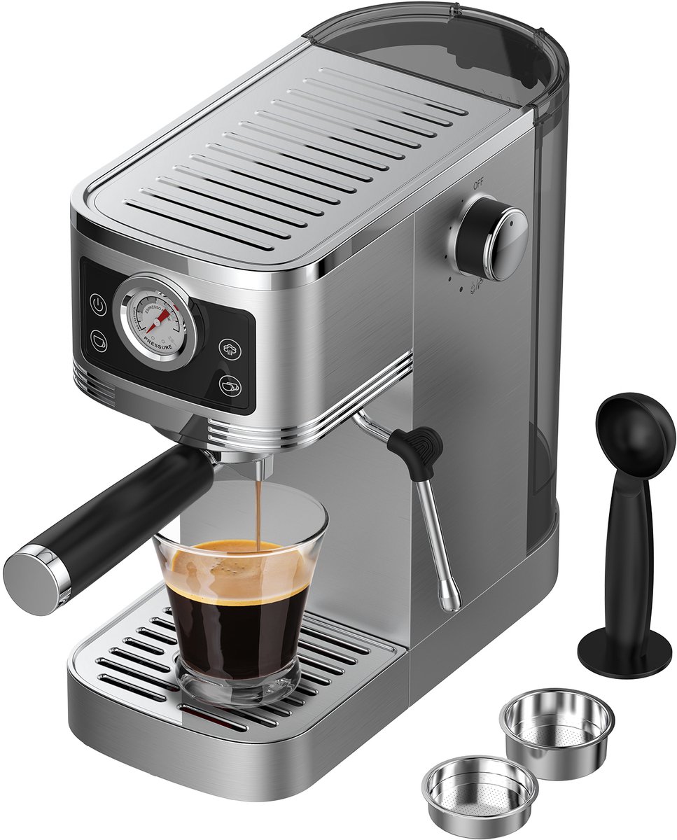 AIMASON CM1660 Halfautomatische Espressomachine - 1350W Semi-Automatische Espresso Koffiemachine - 20 Bar Ulka-pomp – Melkopschuimer – 1,3 L Watertank – RVS