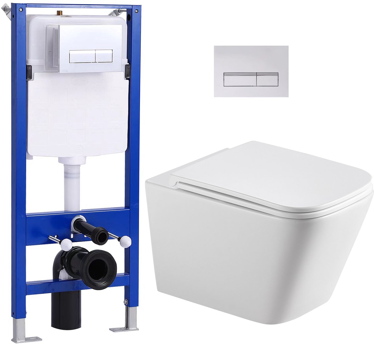 HOROW Toiletset -114cm Inbouwreservoir - Vierkante Rimless wandcloset - Toilet set - Wit hoogglans WC