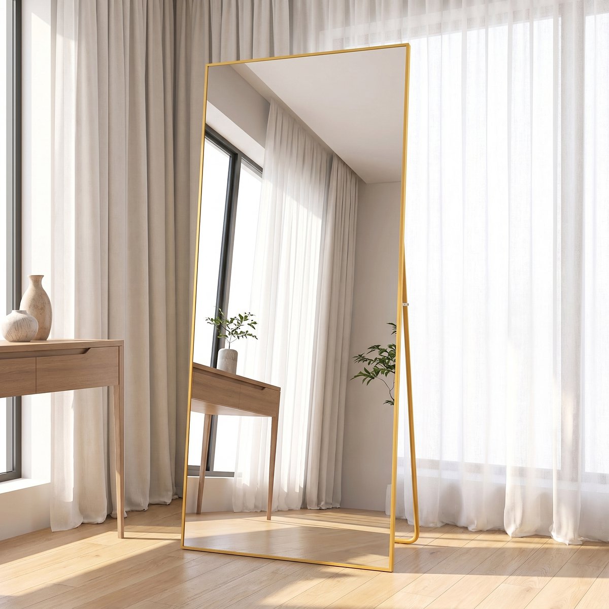 Spiegel van Volledige Lengte 180x80 cm, Vrijstaande Spiegel met Eenvoudig Frame, Grote HD-Wandspiegel met Haak, Heldere HD-Glazen Reflectie, Onbreekbaar en Lichtgewicht (Goud, 180x80cm)