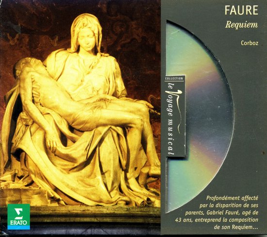 CD-hoes met de tekst FAURE REQUIEM en een gravure van de Pietà van Michelangelo. Rechts een CD.