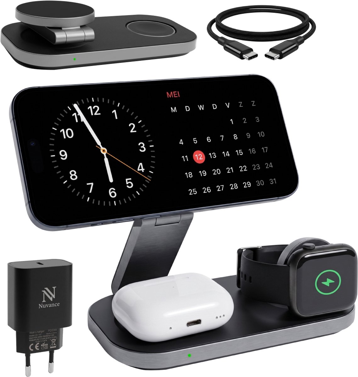 Nuvance Draadloze Oplader - 3 in 1 - 15W - Oplaadstation - Snellader - Wireless Charger - Geschikt voor Apple Smartwatch & Oortjes