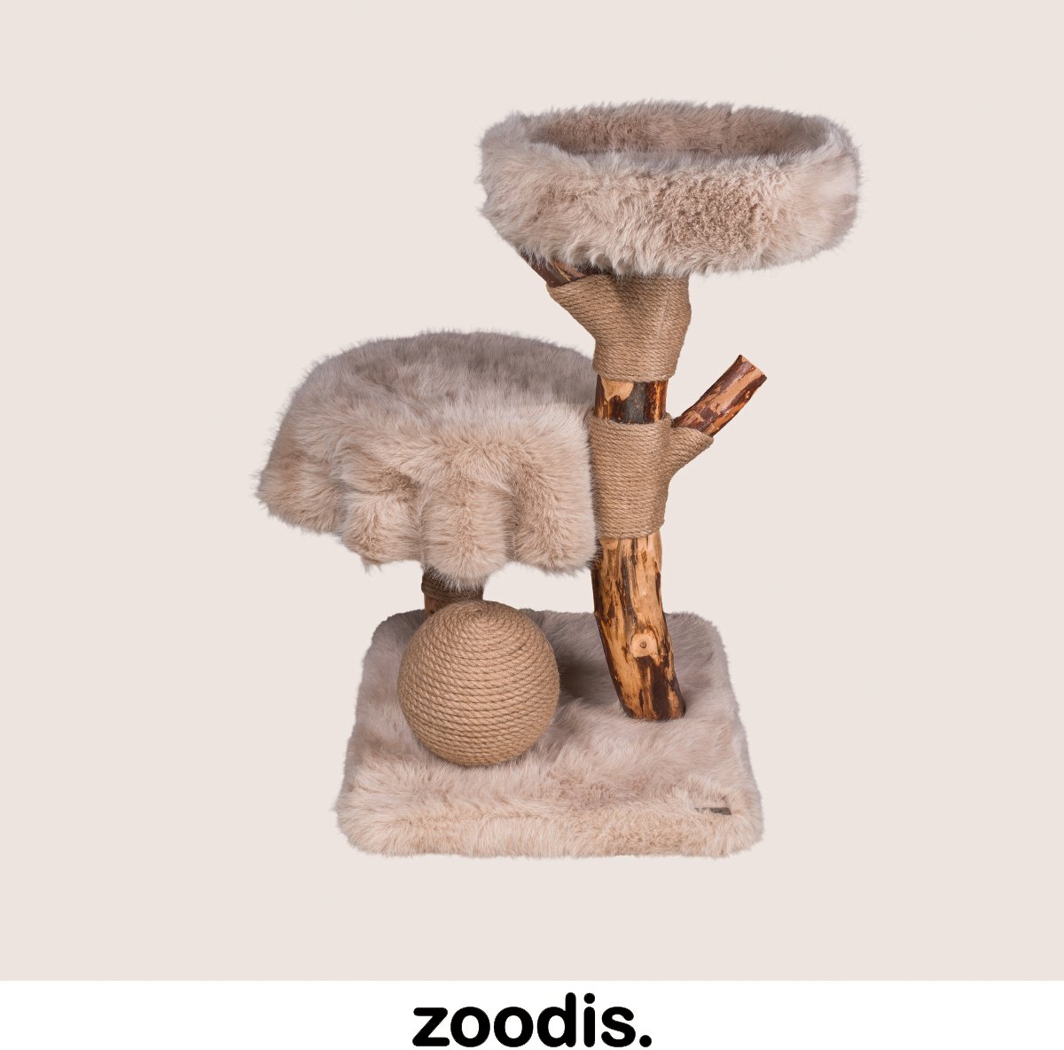 Zoodis krabpaal Flin 82 voor Katten met perenhout en Sisal | Compacte Design Krabboom | Zachte Ligplaatsen | Beige