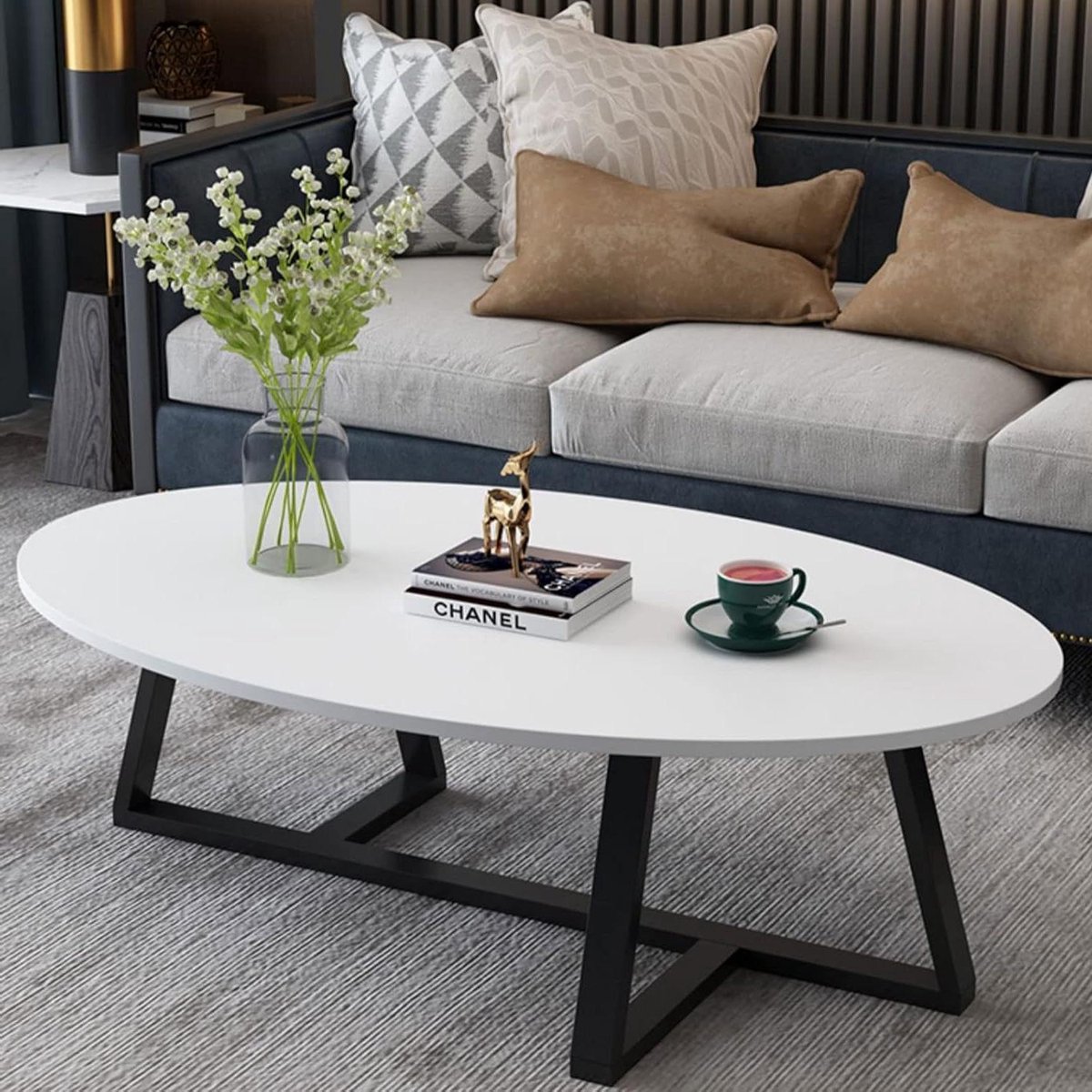 Ovale salontafel - Moderne bijzettafel - Woonkamer inrichten - Stevig metalen frame - 120 x 60 cm - Grijs walnoot