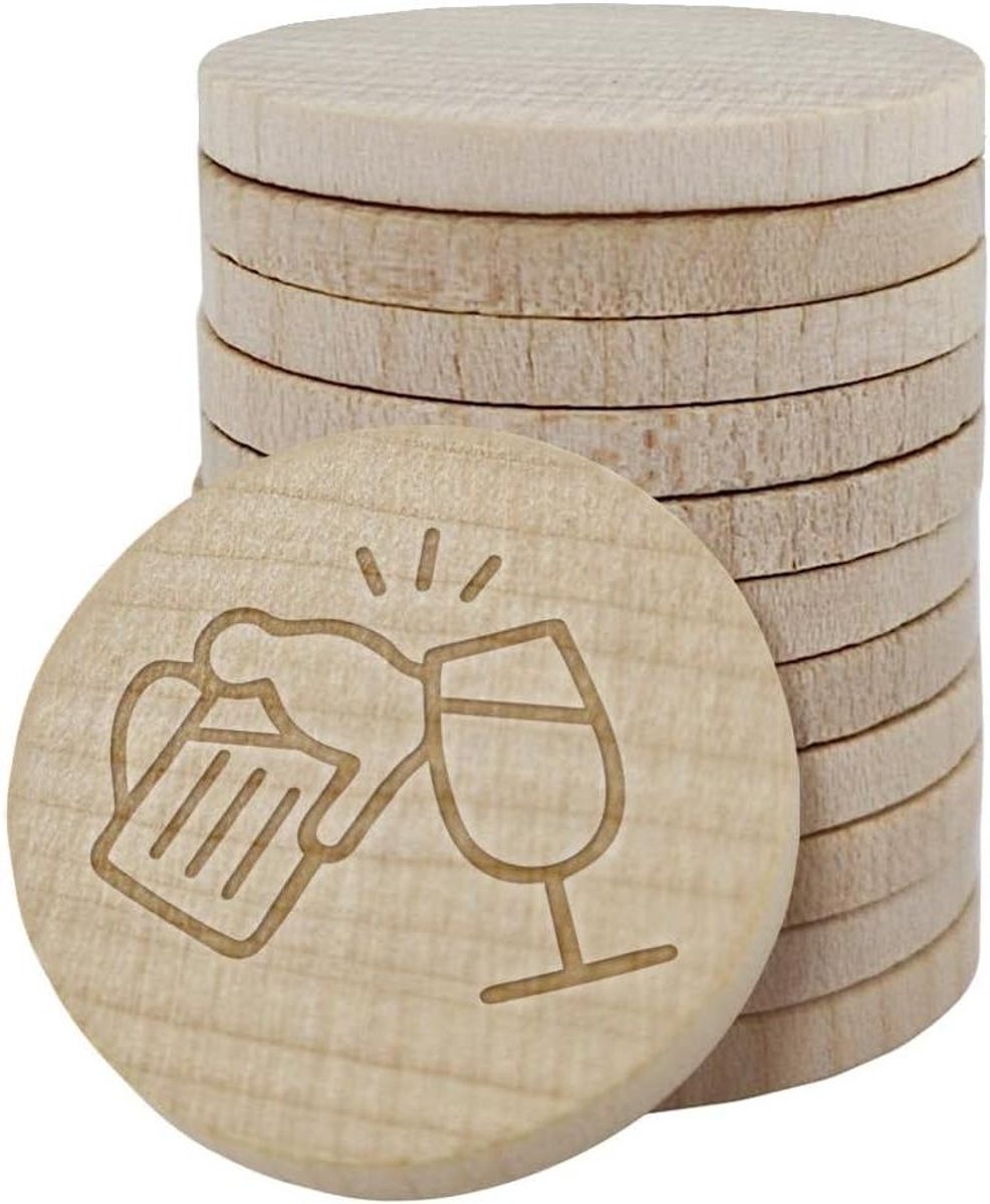 Houten Munten - Drank Jetons - Evenementen Betaling - Gegraveerd Glas Icoon - 100 Stuks - Houtkleur