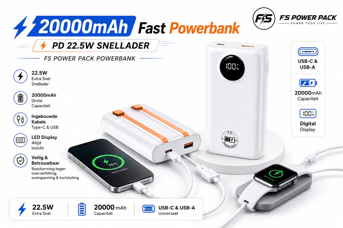 20000mAh Fast Powerbank -PD 22.5W Snellader- FS Power Pack Powerbank 20000mAh – 22.5W – Met Ingebouwde Kabels – LED Display – Type-C & USB – Wit-Powerbank led display - Draagbare oplader - Externe batterij - Grote capaciteit - Powerbank- Snellader – foto 7