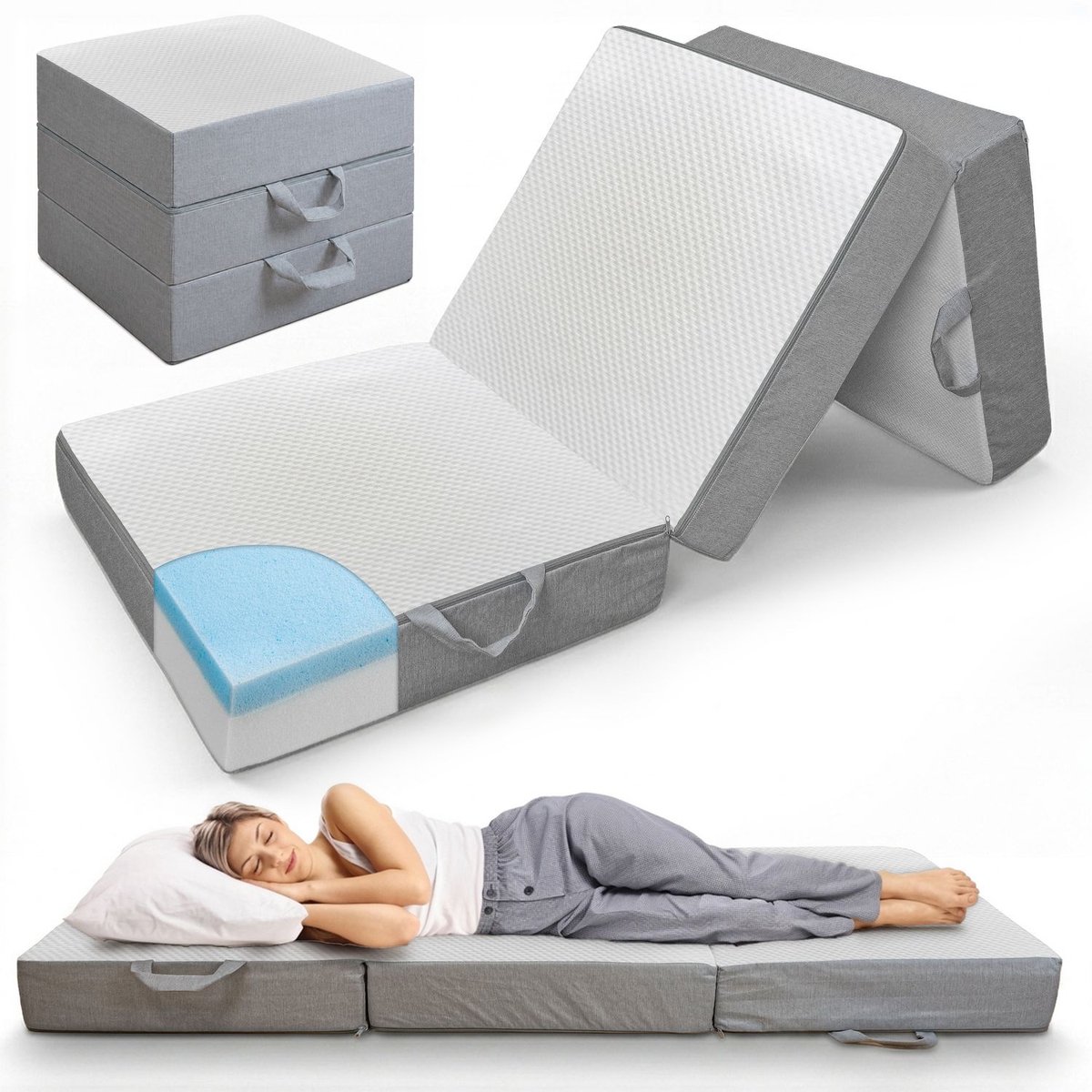 3-delig opvouwbaar matras 120 x 200 cm – FALKO opvouwbaar matras met comfortschuimkern en traagschuimlaag, hoogte ca. 16 cm, logeermatras, hardheid H2–H3