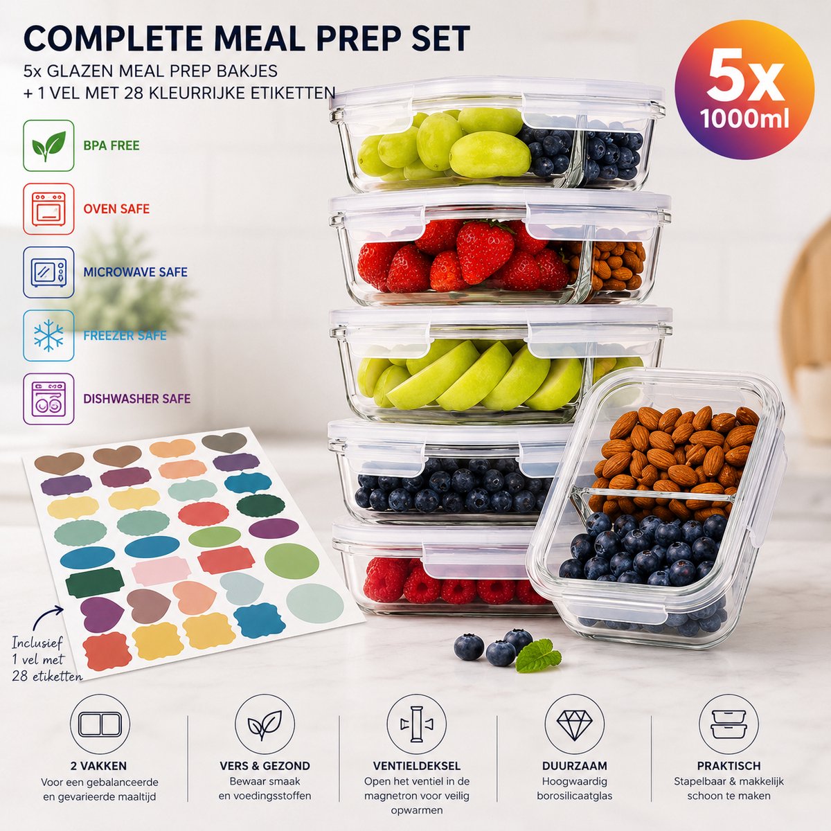 Glazen duo vershoudbakjes ventieldeksel 1000 ml (5 stuks) met 2 vakken meal Prep met deksel magnetronbakjes vershouddoos luchtdicht - 19x14x5cm