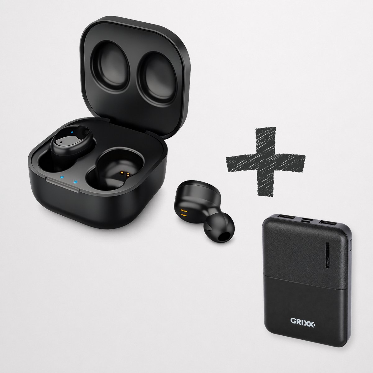 GRiXX Draadloze Bluetooth Oordopjes + Powerbank 5.000 mAh – True Wireless Earbuds met Oplaadcase en Compacte Powerbank – Zwart