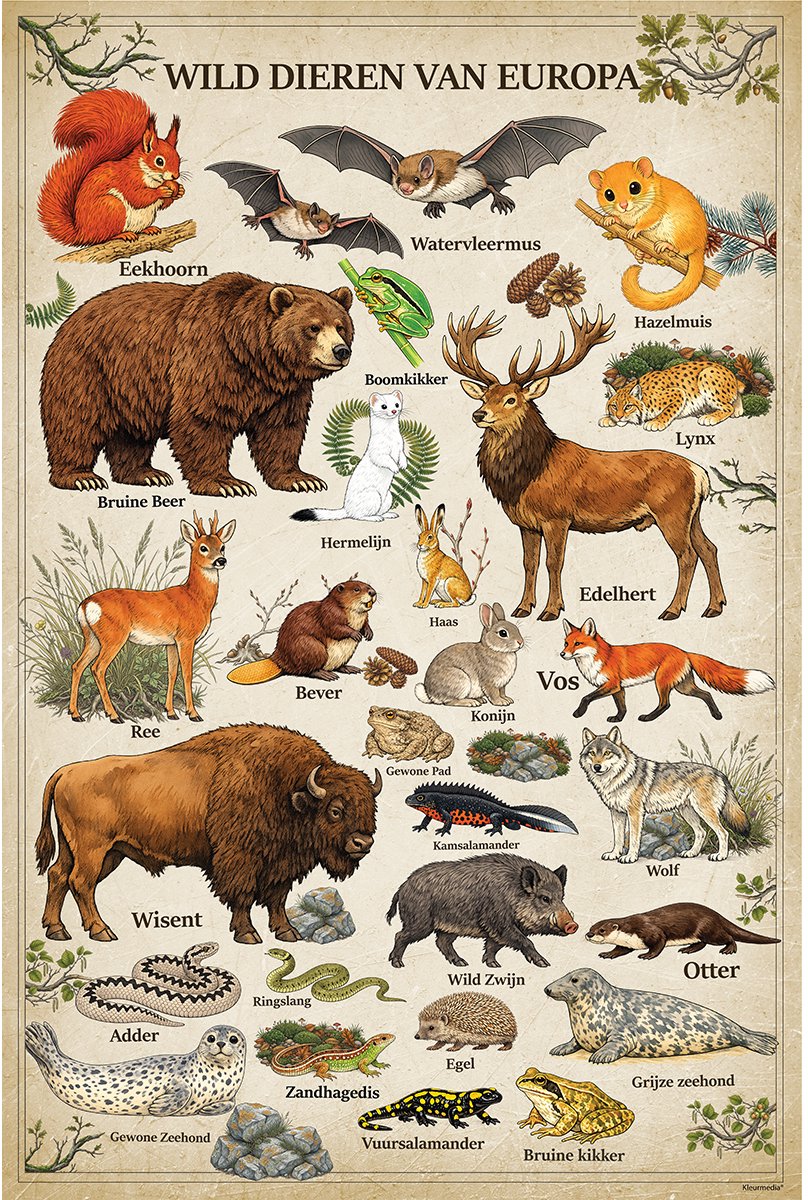 Kleurmedia Vintage Poster Wilde Dieren van Europa - 61 x 91,5 cm - Kleurmedia® Retro Botanische Collectie 2026 - Posters met Nederlandse Benamingen A1
