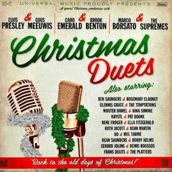Albumcover "Christmas Duets" met microfoons, kerstgroen en artiestennamen.