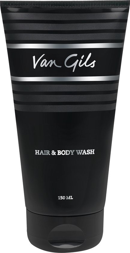 Zwarte tube met horizontale zilveren strepen en het logo 'Van Gils'. De tekst 'HAIR & BODY WASH 150 ML' staat erop.