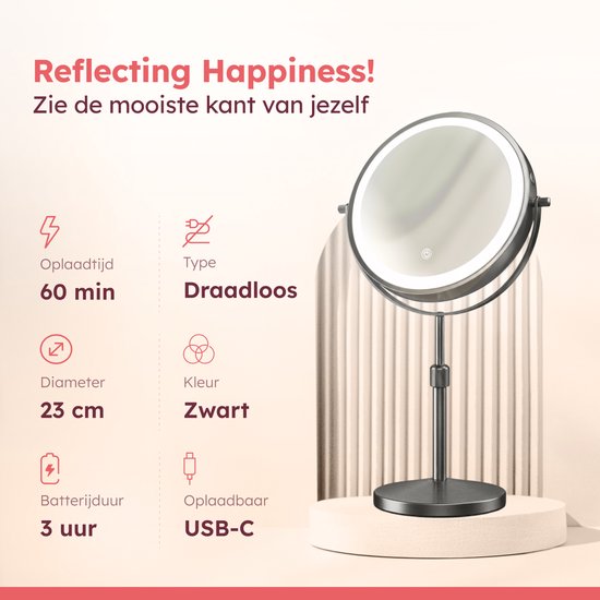 Fraay zwarte draadloze make-up spiegel. Oplaadtijd 60 min, batterijduur 3 uur. Diameter 23 cm, USB-C oplaadbaar.