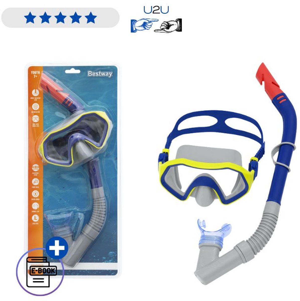 Bestway Duikset 24025 Blauw - Snorkelset Met Duikmasker En Snorkelbuis Voor Kinderen Vanaf 7 Jaar - Zwembril Met UV Bescherming En Comfortabele Pasvorm Voor Vakantie Met Ebook
