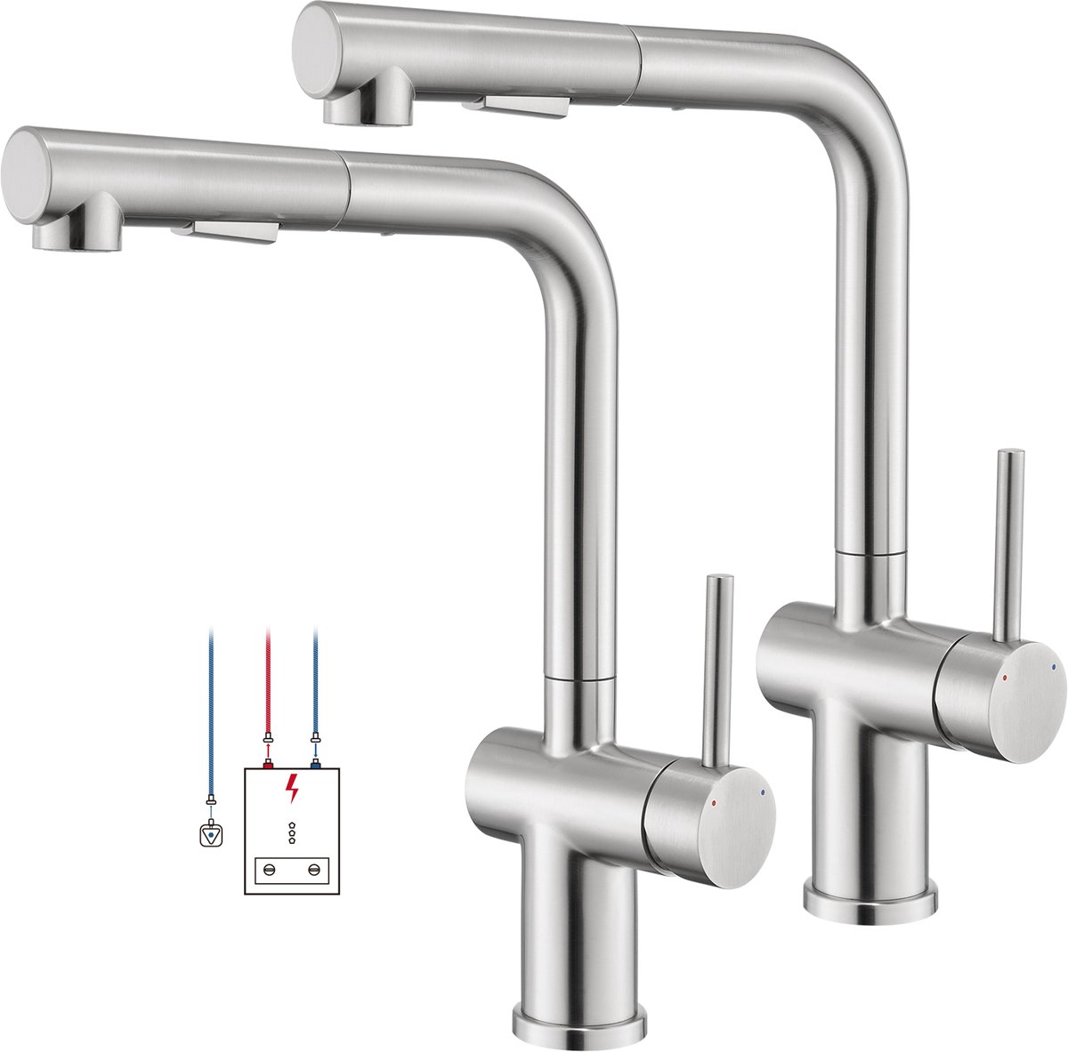 Oraymin 2x Lage Druk Kraan - 360° Uittrekbare Keukenkraan - 2 Straalstanden - RVS Boiler Kraan