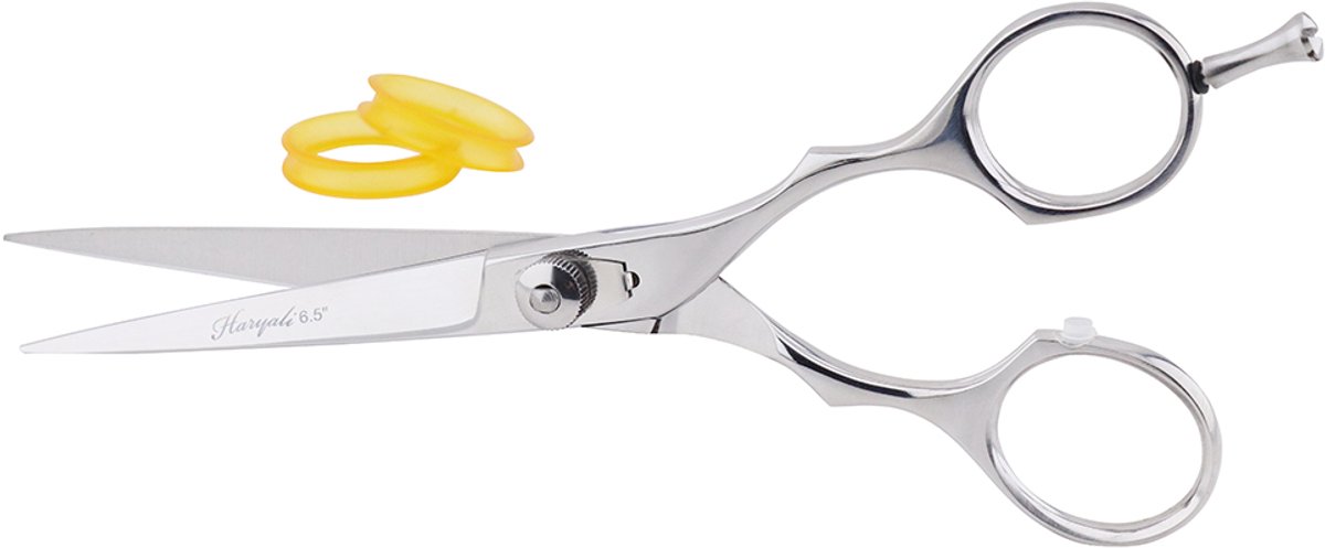 Haryali London, 6,5 inch kappersschaar met gele vingerinzet – Offset design professionele haarschaar met verstelbare knop, glanzend zilverkleurige haarschaar voor salon- en kappersbenodigdheden