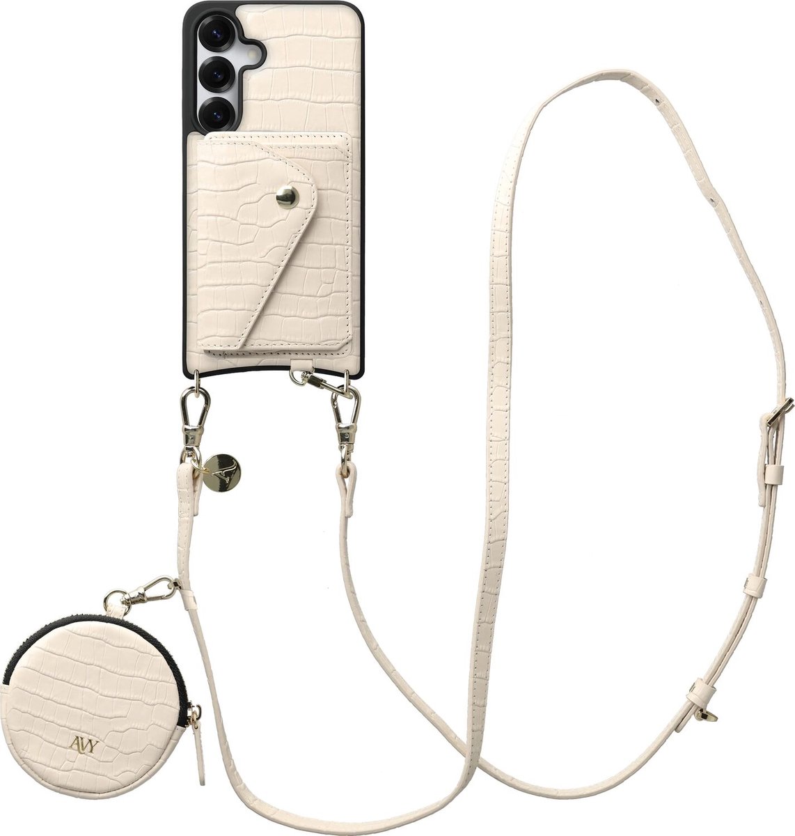 AVY Leren Hoesje geschikt voor Samsung Galaxy S25 / S24 | Met Koord, Wallet en Pouch | Compatibel met MagSafe | Leather Case met 130CM Koord | Long Leather | Croco Beige