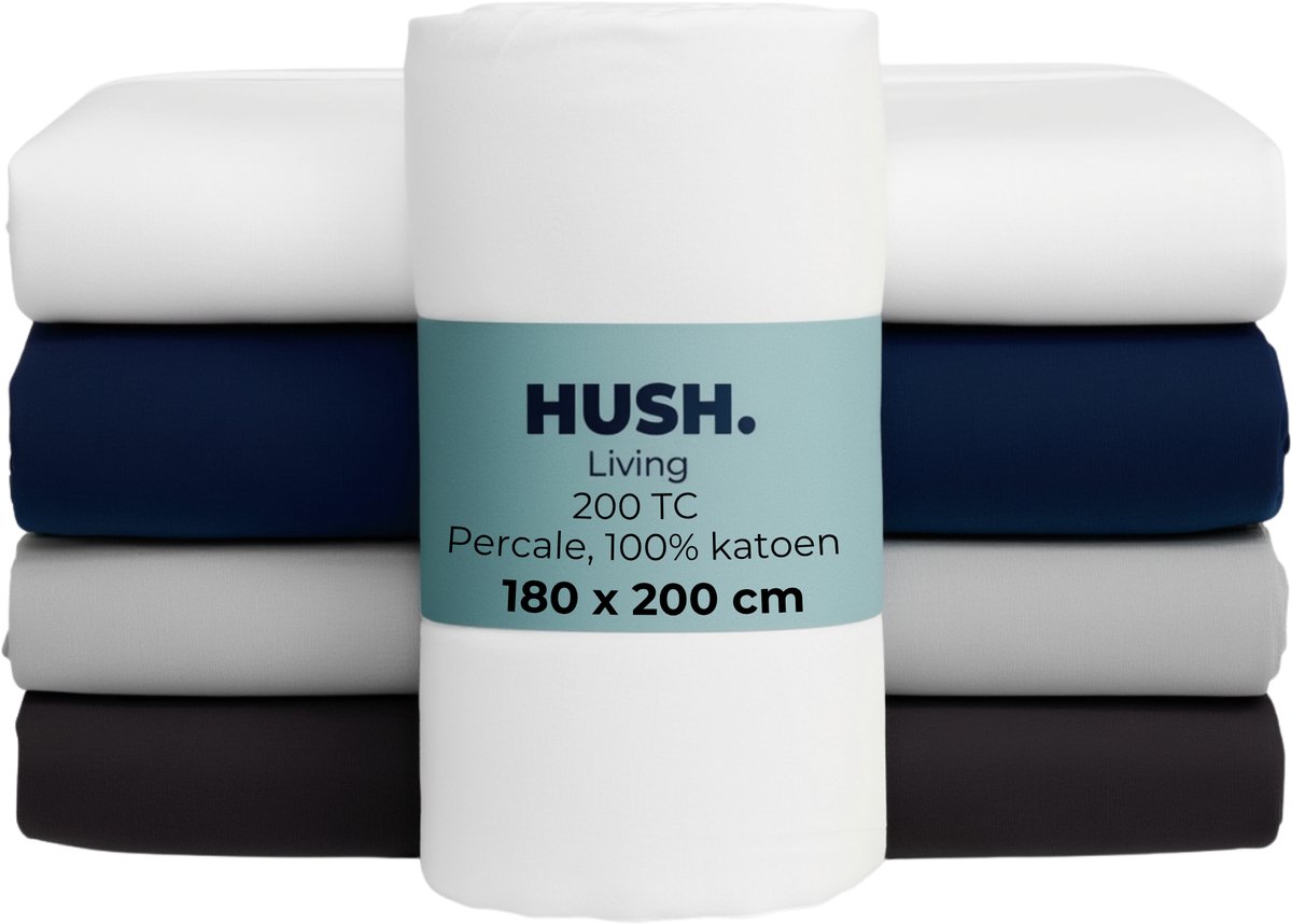 HUSH Living Hoeslaken percale - 100% katoen - 200TC - extra fris en koel - sterk en slijtvast - elastiek rondom - 180x200+30cm - wit