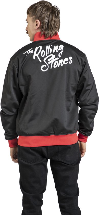 Zwarte jas met rode kraag en boorden, met 'The Rolling Stones' in witte letters op de rug.
