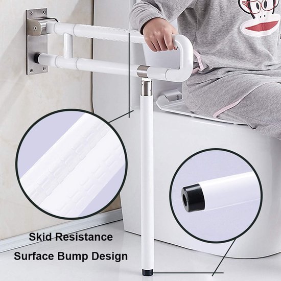 Witte toiletbeugel met antislip oppervlak met reliëf, gezien met een hand die erop rust.