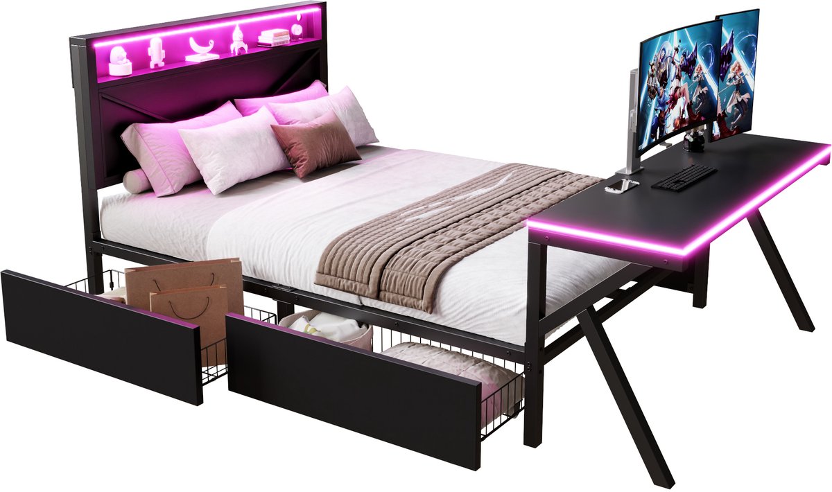 Merax 140x200 cm speelplatformbed - met LED-verlichting - bureau en twee laden - zwart - zonder matras