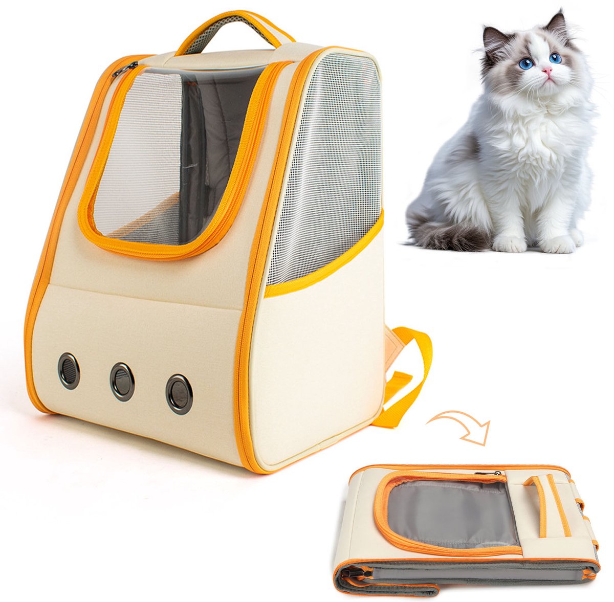 Draagbare Kattenrugzak Ruimtecapsule Design｜Huisdier Reistas Groot Volume｜Geel 32×28×37 cm (tot 7,5 kg)