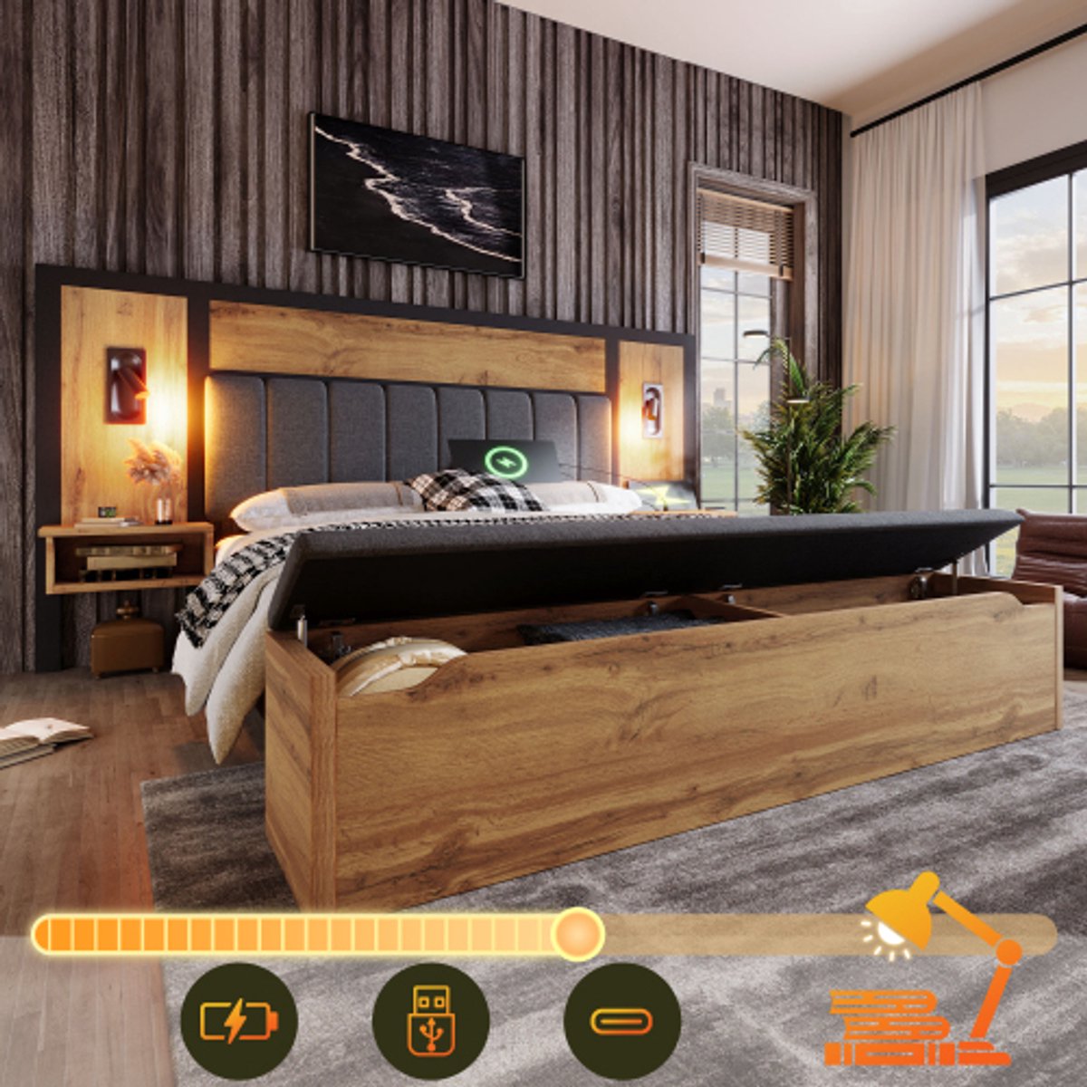Zubaliya Tweepersoonsbed 180x200 cm – met USB-C, USB-aansluiting en leeslamp – eikenlook – voor moderne slaapkamer – praktisch en ruimtebesparend ontwerp Eikenkleur