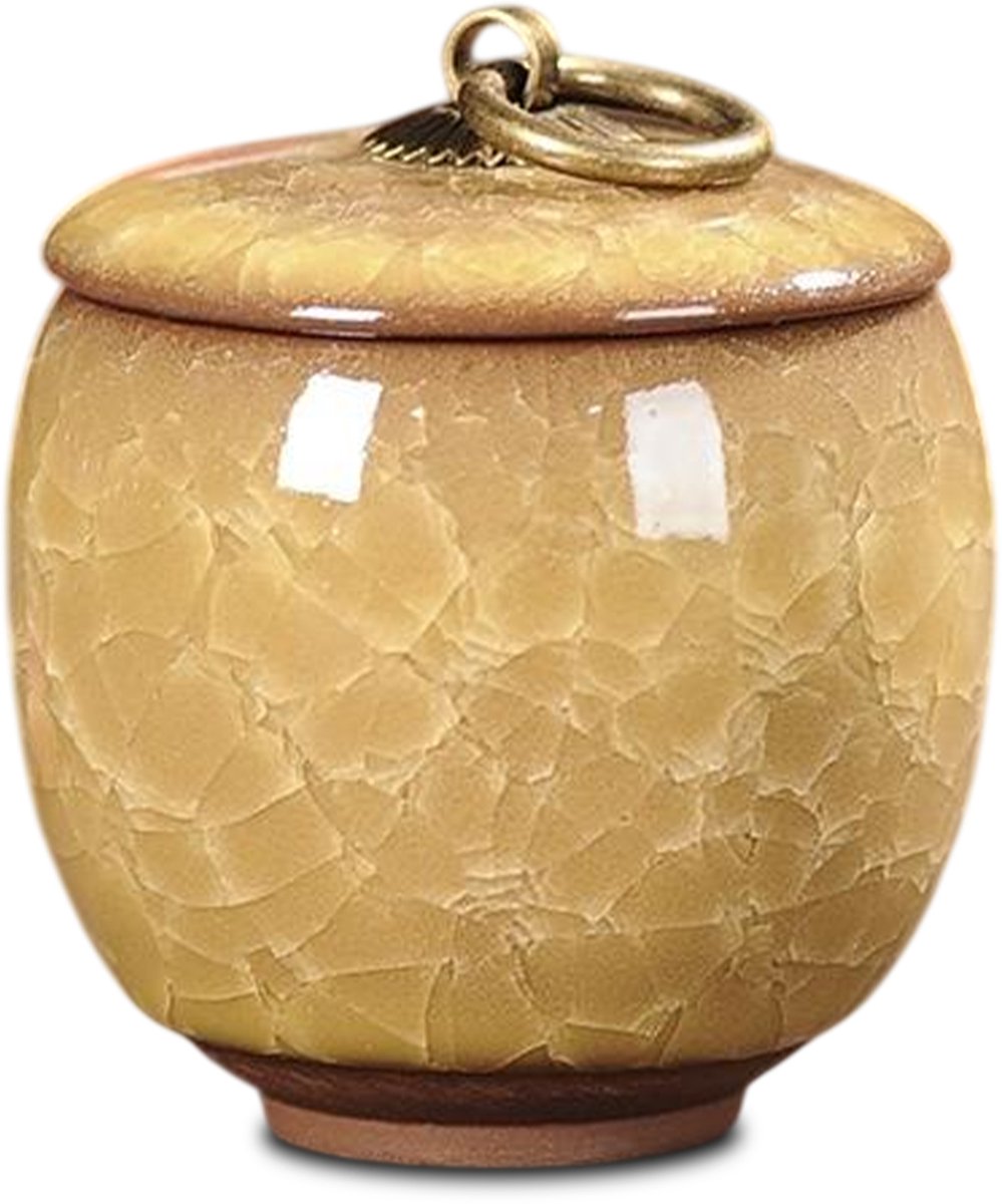Akerz Mini Urn Goudgeel Craquelé – Keramische Mini Urn – 60ml – Handgeschilderd – Inclusief Beschermzakje – Discreet Aandenken