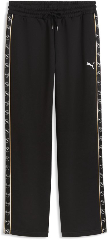 Zwarte PUMA sweatpants met gouden en witte strepen met logo-print langs de zijkanten.