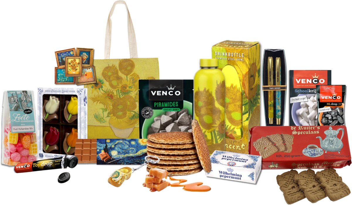 Holland pakket deluxe - Cadeaupakket Van Gogh - Holland souvenir - Hollandse cadeautjes - waterfles 500 ml - souvenir - Zonnebloemen Van Gogh