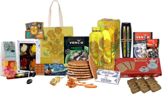 Holland pakket deluxe - Cadeaupakket Van Gogh - Holland souvenir - Hollandse cadeautjes - waterfles 500 ml - souvenir - Zonnebloemen Van Gogh