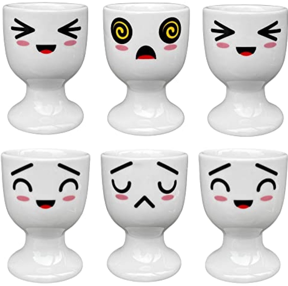 6x Porseleinen Eierdopjes Set - Wit met Gekleurd Decor - Geschikt voor Brunch en Ontbijt