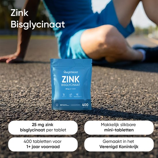 Pouch van WeightWorld Zink Bisglycinaat 25mg per tablet, 400 tabletten. Eigenschappen: GMO-vrij, vegan, magnesiumstearaatvrij. Gemaakt in VK.