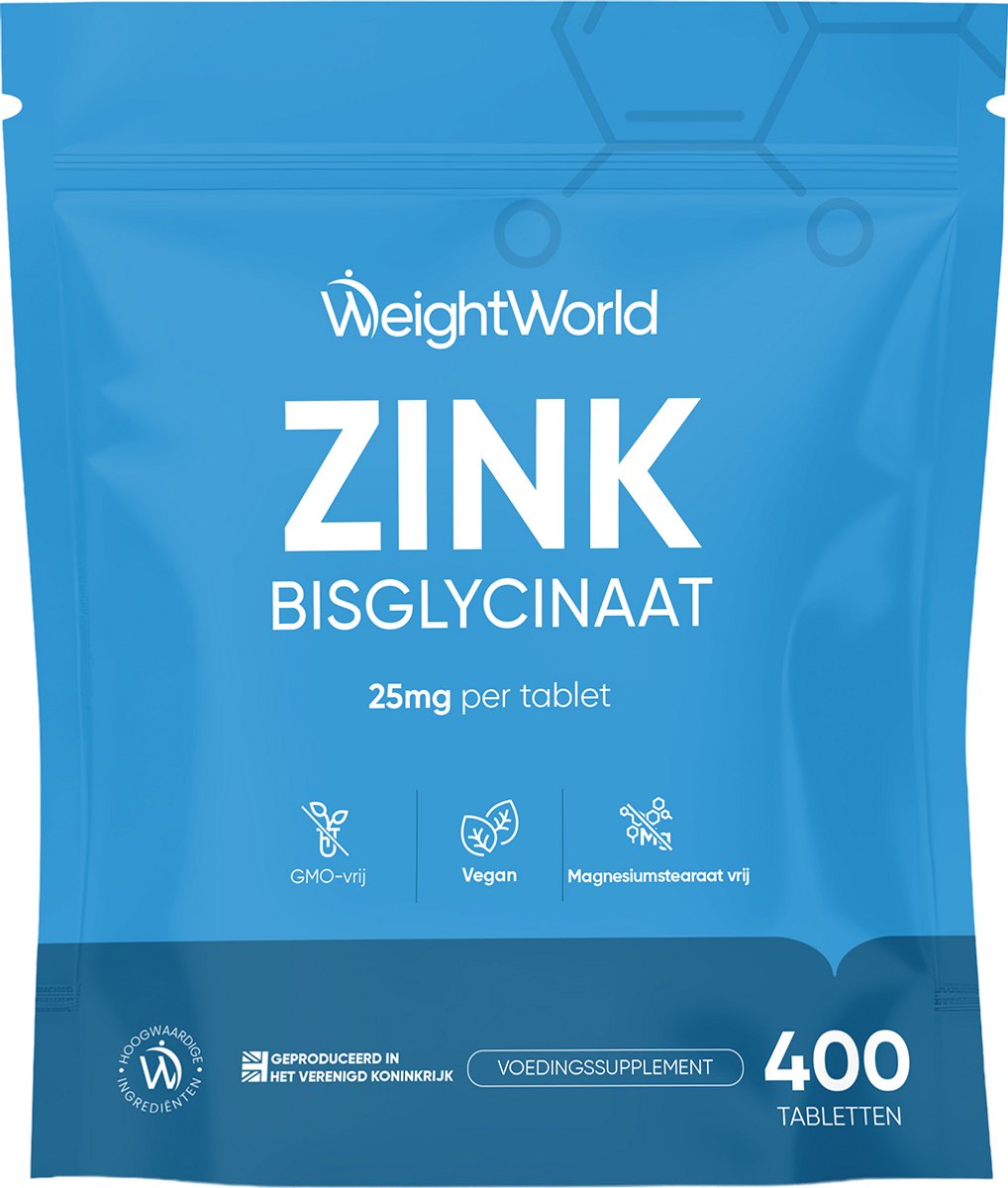 WeightWorld Zink tabletten - 25 mg Zink Bisglycinaat - 400 mini-tabletten voor 1+ jaar voorraad - Gemaakt in het VK - Vegan