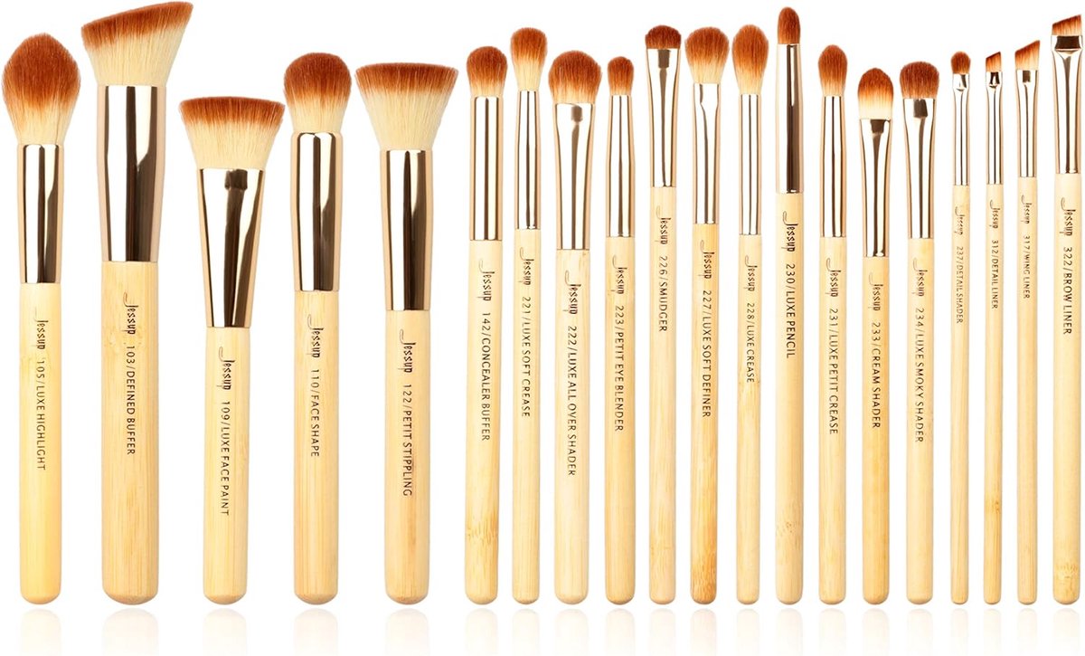 Famanu – Make-up kwastenset, 20 stuks, bamboe handgrepen, complete set voor gezicht en ogen