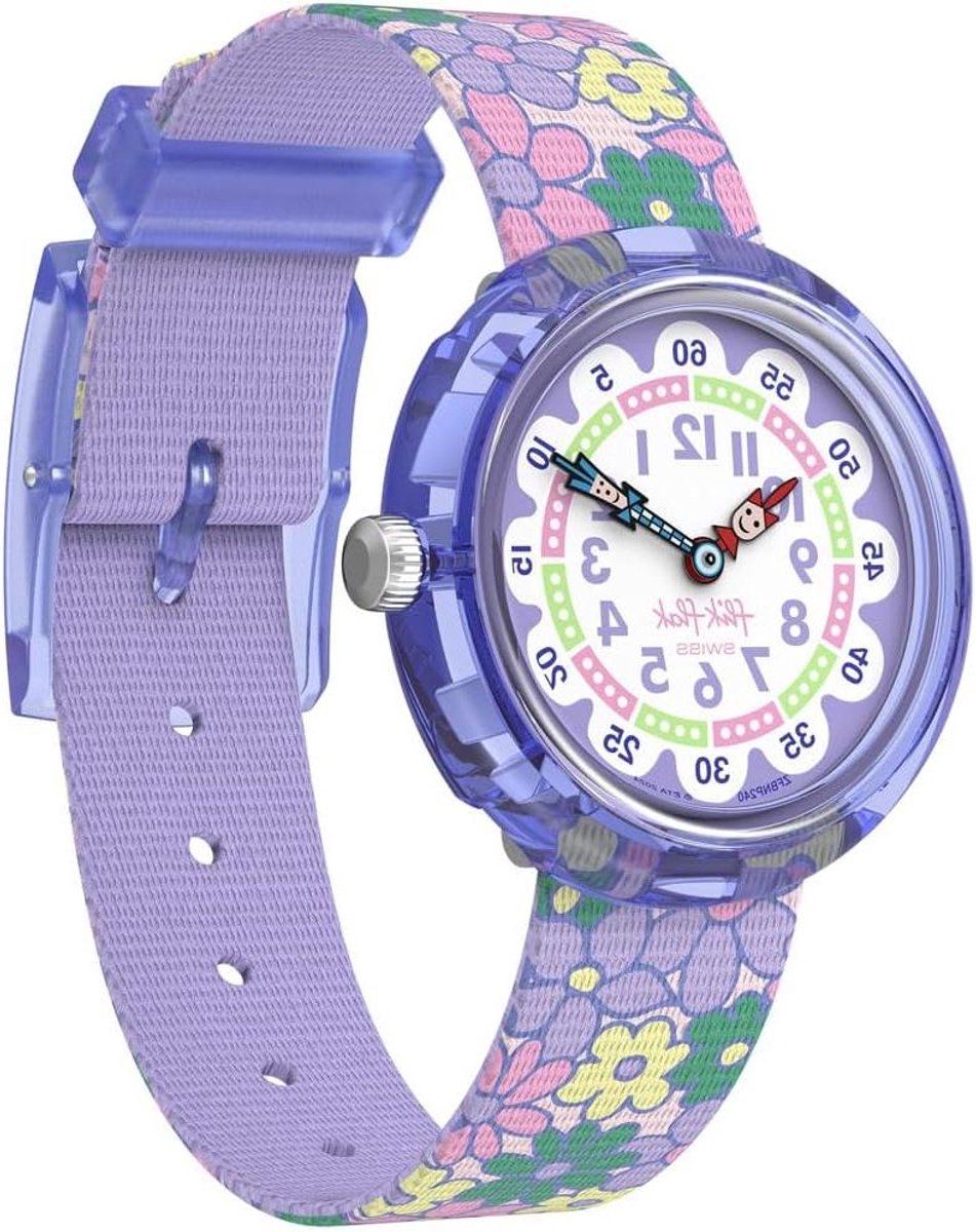 Flik Flak Horloge - Kinderhorloge Polshorloge - Tijd Leren Lezen - Bloemenprint Design - 24 cm - Paars