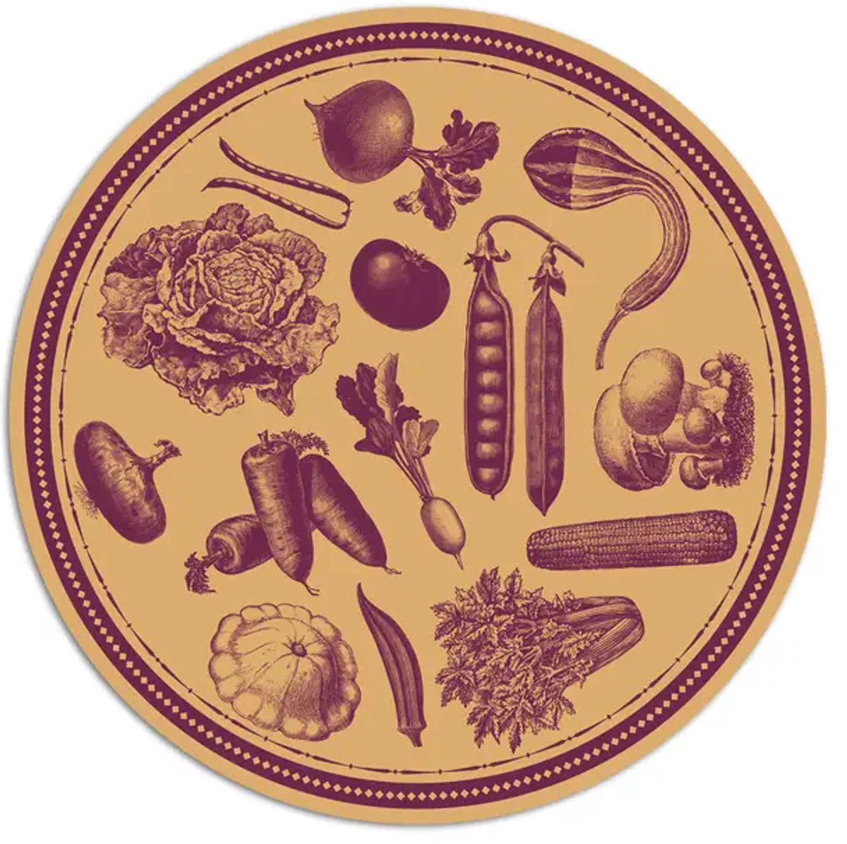 Ronde gekleurde PVC Placemat Vintage Veg - Geel Bordeaux – Ø35 cm – Afwasbare Tafel Placemat – Made in Italy