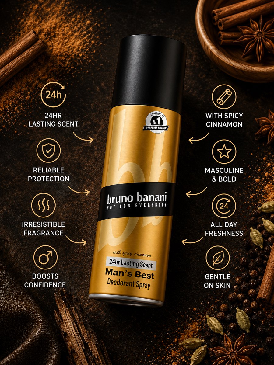 Bruno Banani Man's Best Deodorant Body Spray - Orientaals Sensueel - Appel, Grapefruit, Sandelwood - 24u - 150 ml