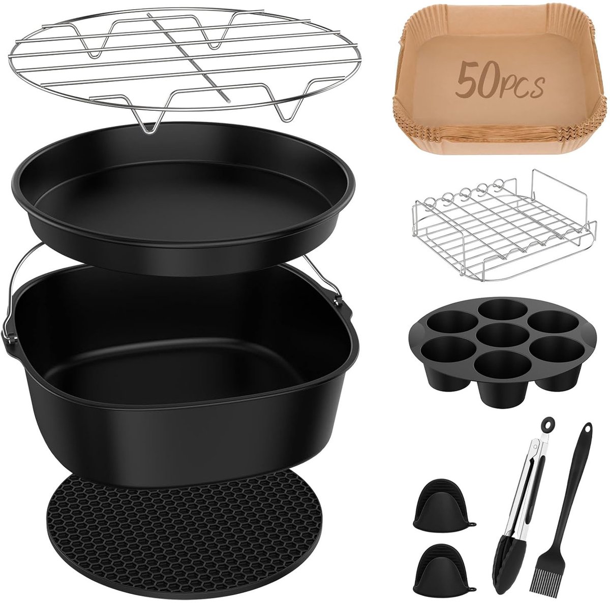 11-delige Airfryer Accessoires Set 22 cm - Compatibel met COSORI Turboblaze 6L, Philips Airfryer XXL, Ninja MAX PRO AF180EU, Russell Hobbs XXL 8L, Tefal EY8018 en Cecotec 6L - met cakevorm, pizzapan, grillrek, bakpapier, tang en kwast