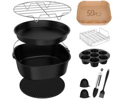 11-delige Airfryer Accessoires Set 22 cm - Compatibel met COSORI Turboblaze 6L, Philips Airfryer XXL, Ninja MAX PRO AF180EU, Russell Hobbs XXL 8L, Tefal EY8018 en Cecotec 6L - met cakevorm, pizzapan, grillrek, bakpapier, tang en kwast