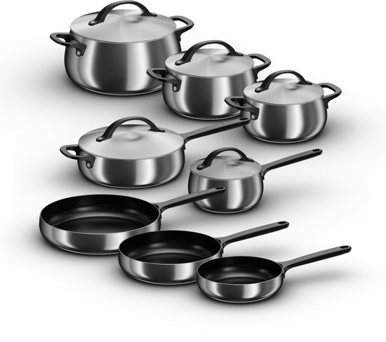 Batterie de cuisine BergHOFF Home Belly 13 pièces – Set de cuisson de luxe en acier inoxydable – Casserole 16 cm, Faitouts 18/20/24 cm, Sauteuse 24 cm + 5 couvercles – Comprend des poêles en céramique 20/24/28 cm – Sans PFAS – Smokey Black