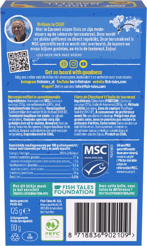 Achterkant van een blauw blik 'Fish Tales' makreel met informatie over de vis, zonnebloemen en MSC-logo.