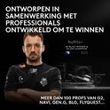 Professionele e-sporter met koptelefoon, met een gamingmuis in zijn hand. Tekst: 'Ontworpen in samenwerking met professionals, ontwikkeld om te winnen'.