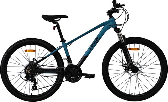 Blauwe Keskin Bike mountainbike met 29 inch wielen, zwart zadel en zwarte details. Shimano derailleur.