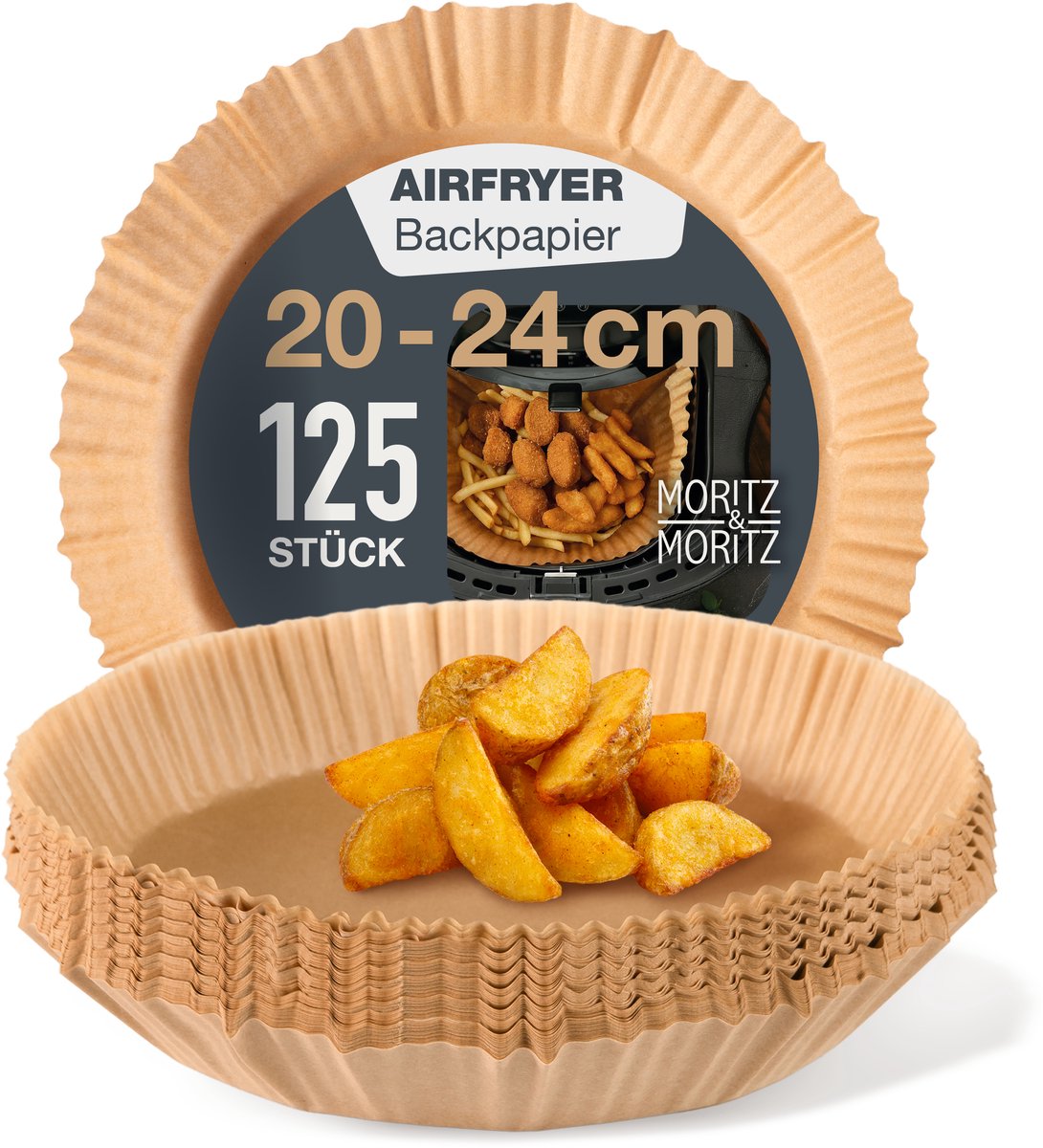 Moritz & Moritz Airfryer Bakpapier - 125 Stuks Rond - 20 cm - Airfryer Accesoires - Heteluchtfriteuse - Luchtfriteuse Wegwerp Bakjes